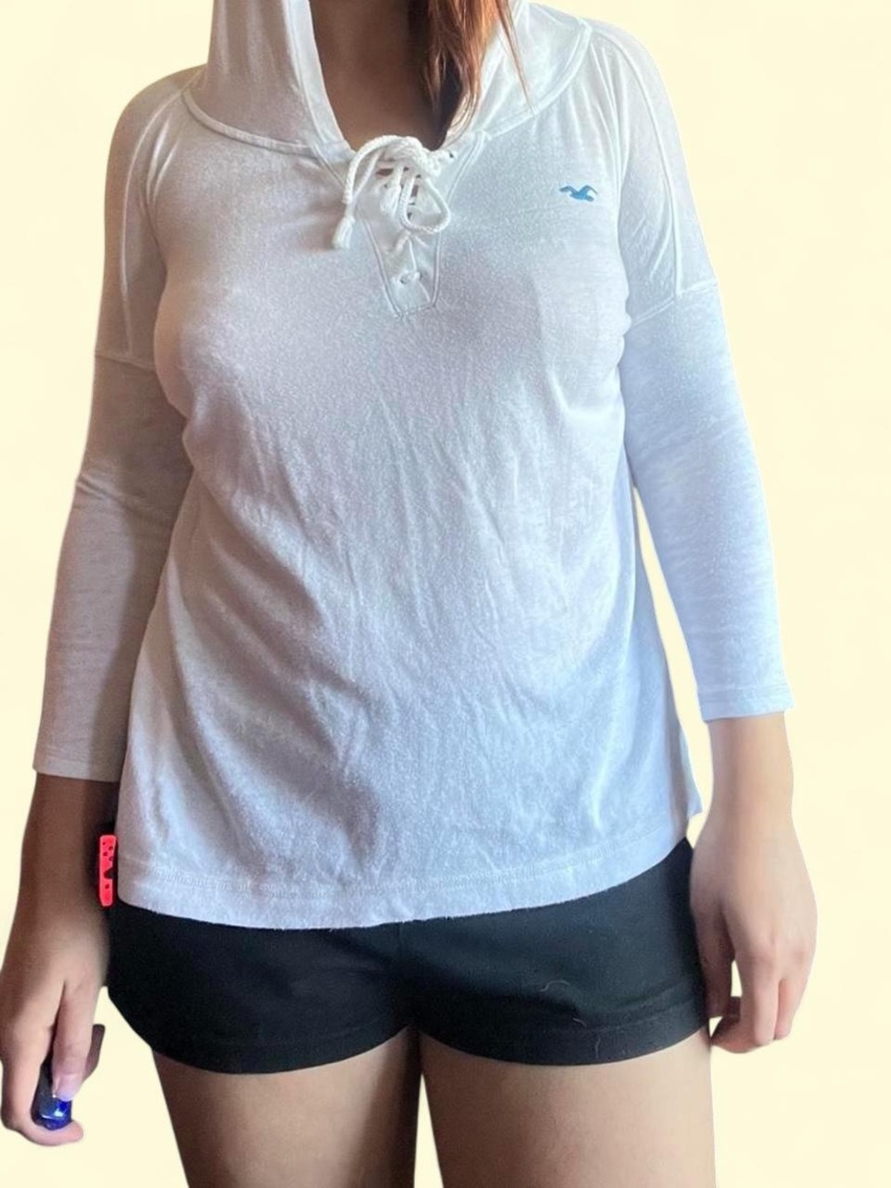 Hollister White Lace-Up Hooded Pullover Top